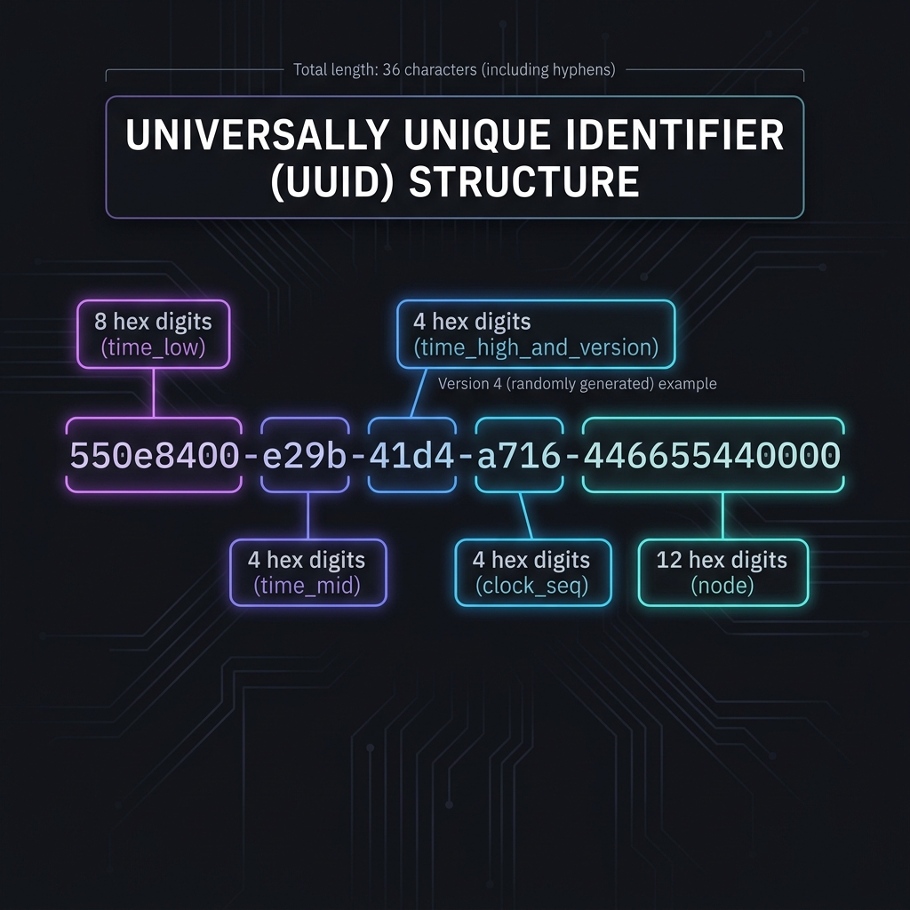 Detailed breakdown of UUID 128-bit structure showing version and variant fields